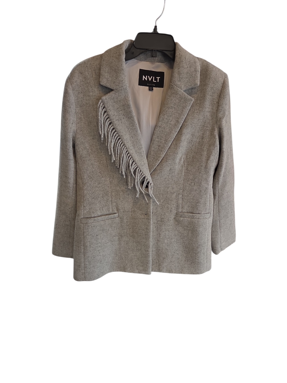 NVLT Size Small Women's NEW Gray Fringe-Trim Wool-Blend Blazer